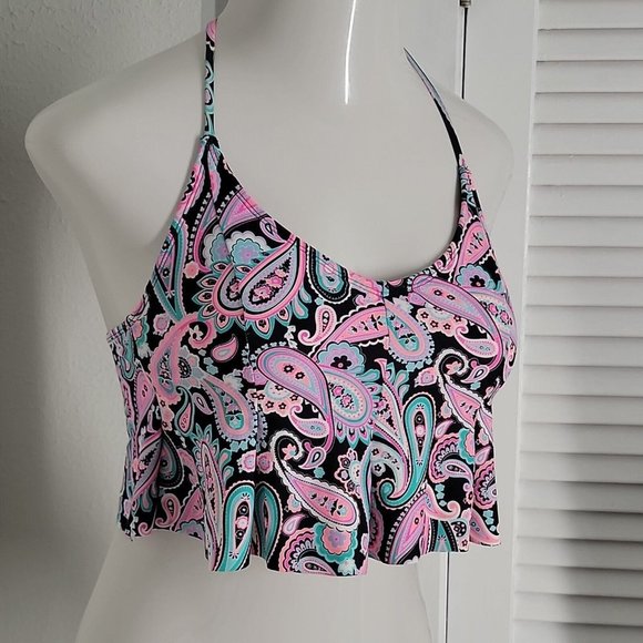 Arizona Halter Swim Top ~ Sz M ~ Black & Pink ~ Paisley - Picture 2 of 5